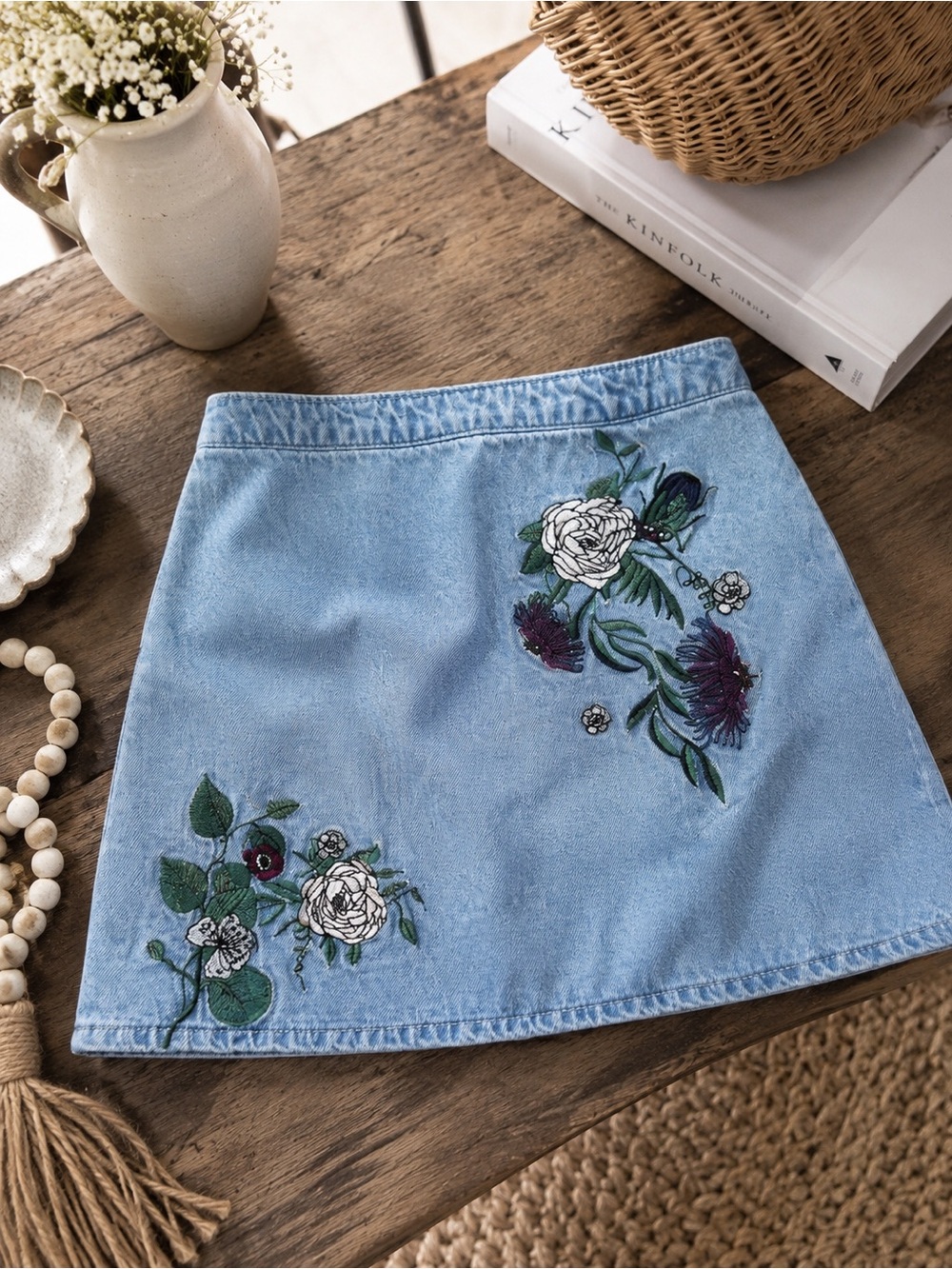 Coachella Embroidered Light Blue Denim Mini Skirt with Floral Accents